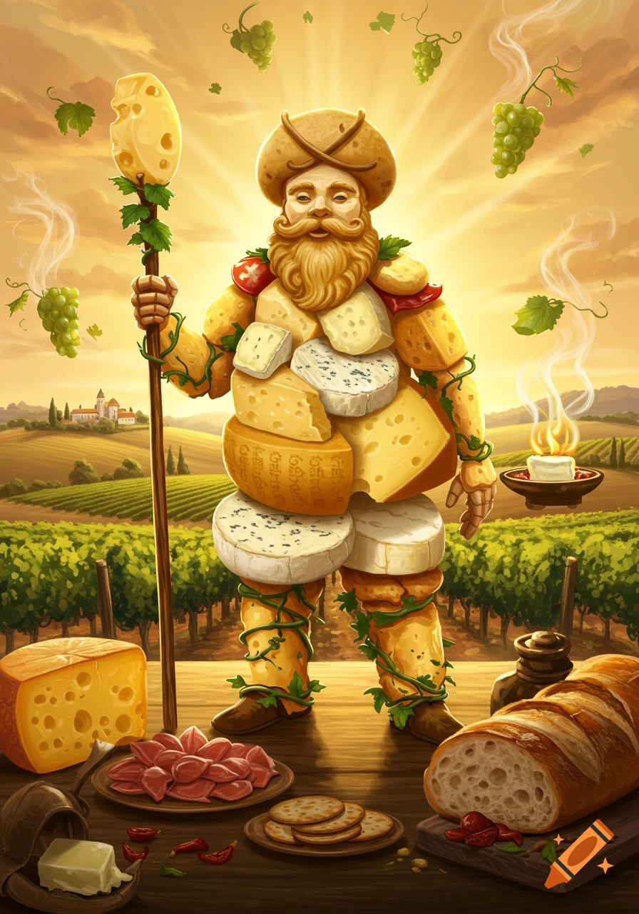 A fantasy illustration of a bearded cheese god holding a staff, standing in a vineyard with grapes, bread, and other food on a table.