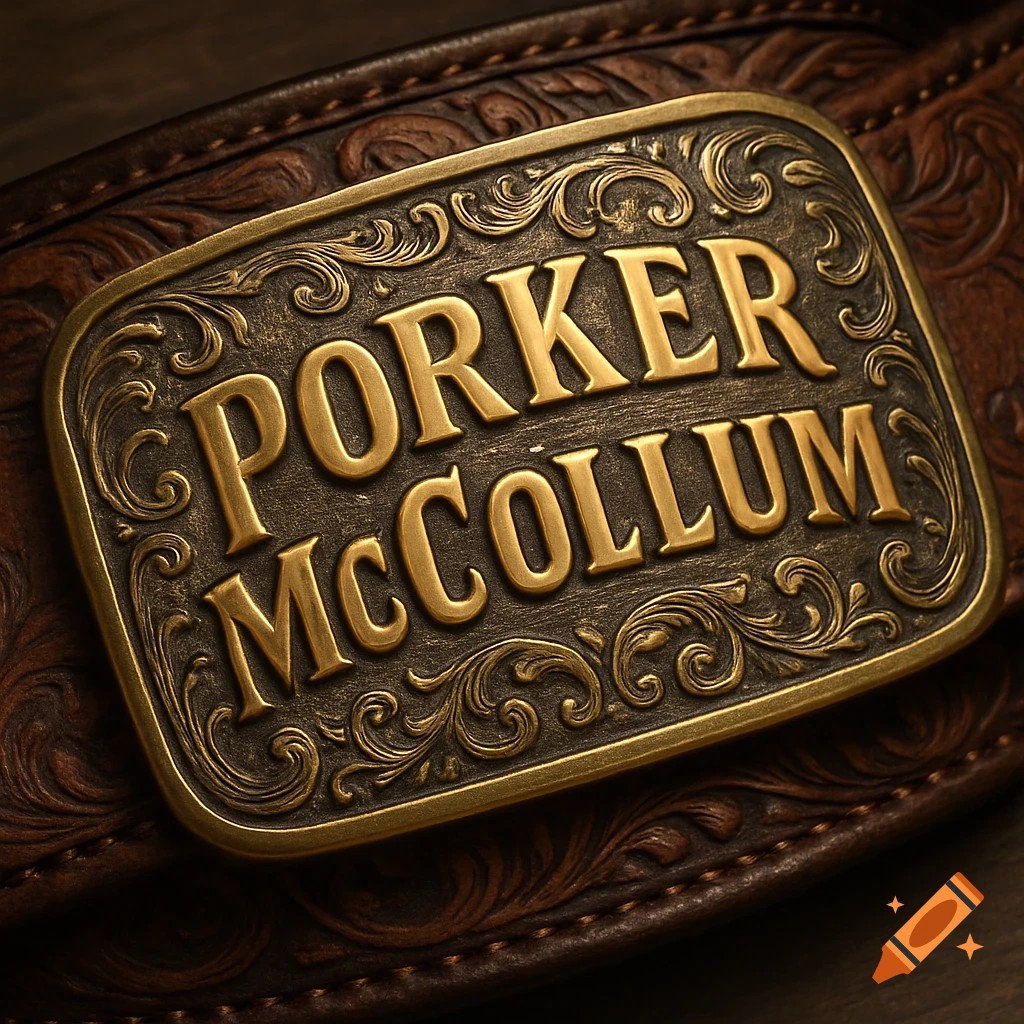 Close-up of an ornate brass belt buckle with 'PORKER MCCOLLUM' engraved, resting on a brown leather belt.