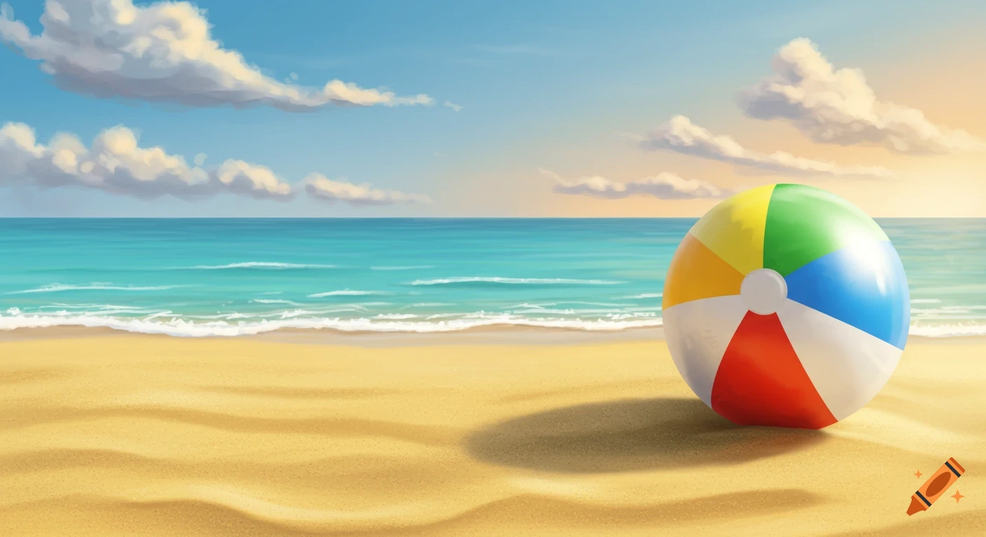 An illustrated panoramic view of a colorful beach ball on golden sand with turquoise ocean waves and a blue sky with clouds in the background.