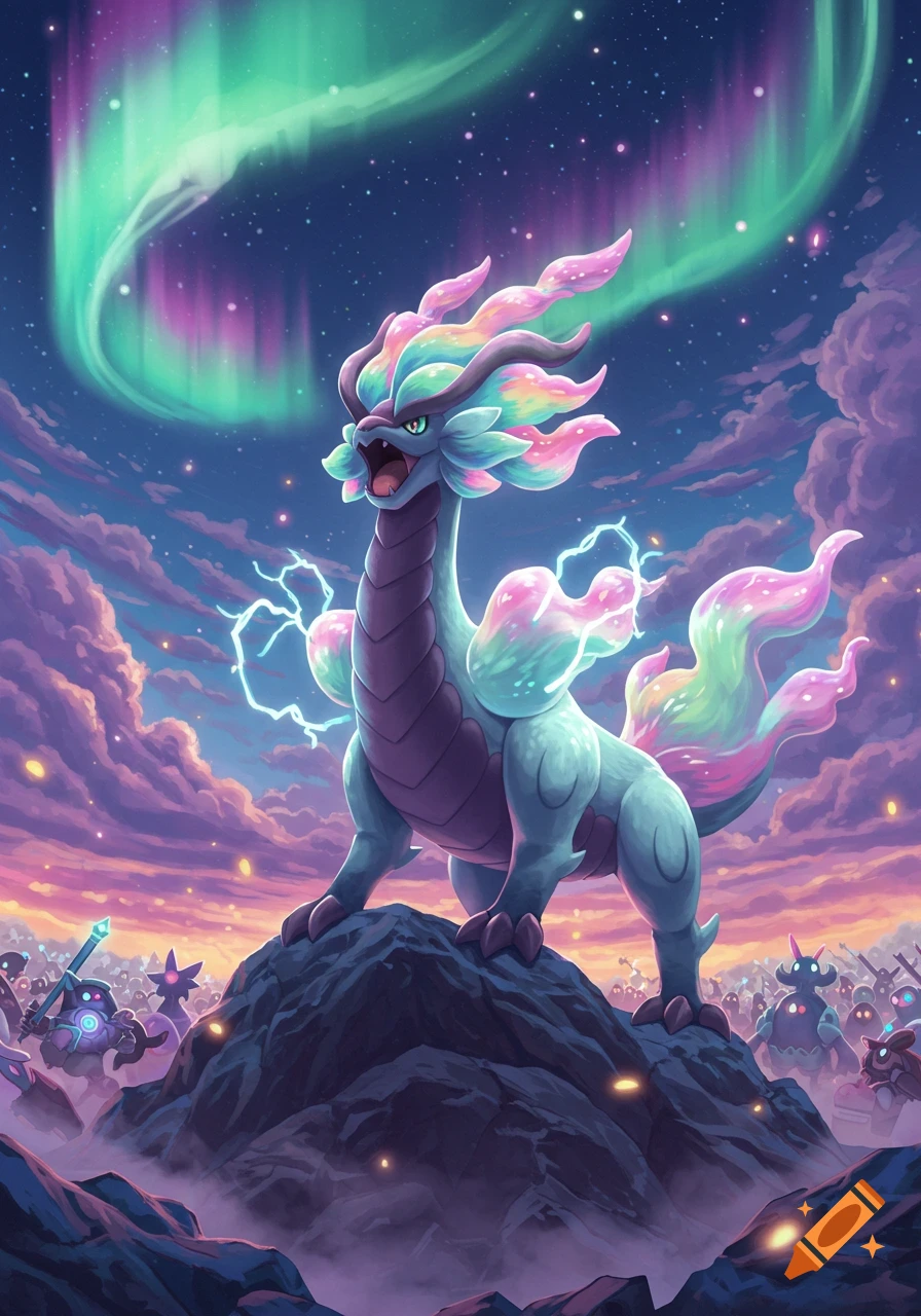 A vibrant, colorful fantasy creature resembling a Pokemon stands on a rock under a glowing aurora borealis, with small monsters in the background.