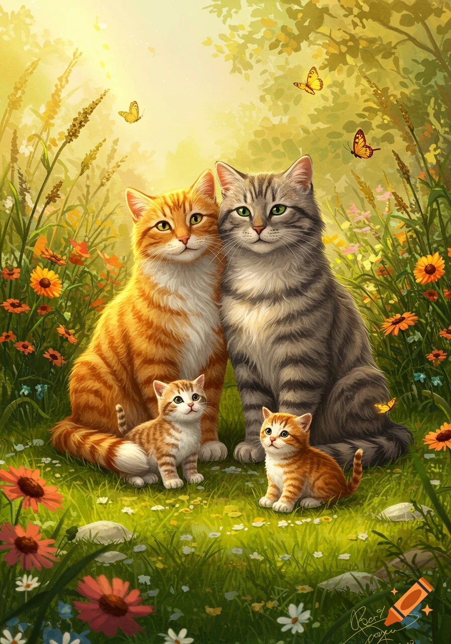 Two adult cats and two kittens sit in a sunny, green meadow filled with wildflowers and butterflies, digital painting.