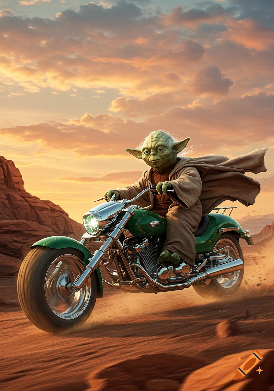 Yoda riding a green motorcycle through a desert landscape at sunset, with sandstone mesas in the background.