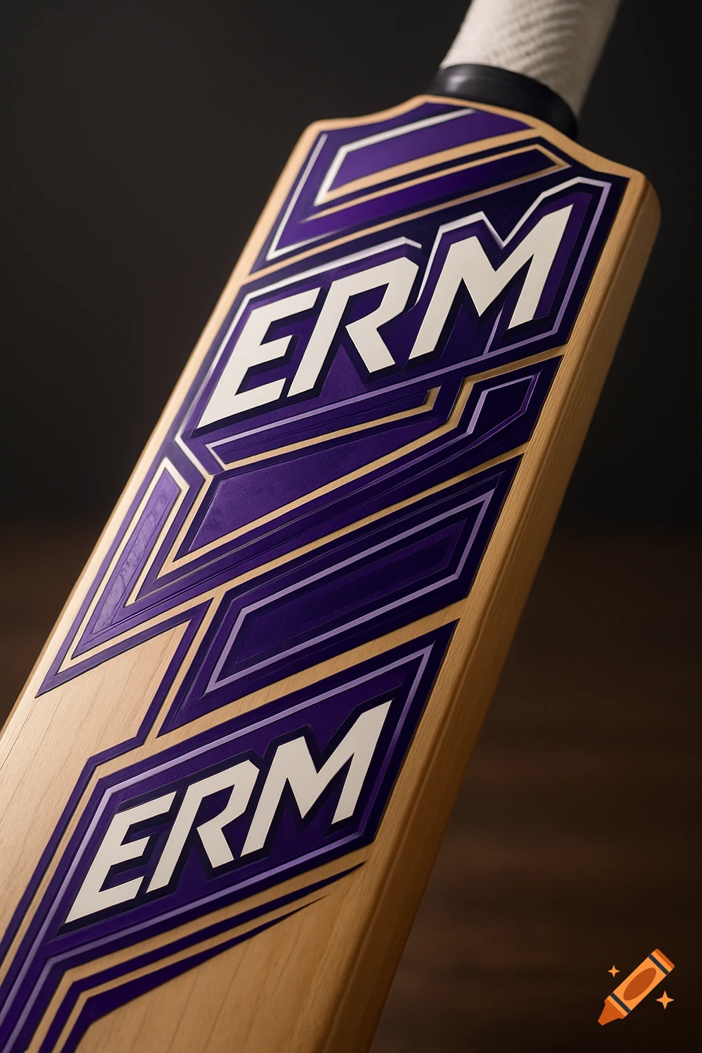 Close-up of a wooden cricket bat with purple and white 'ERM' branding.