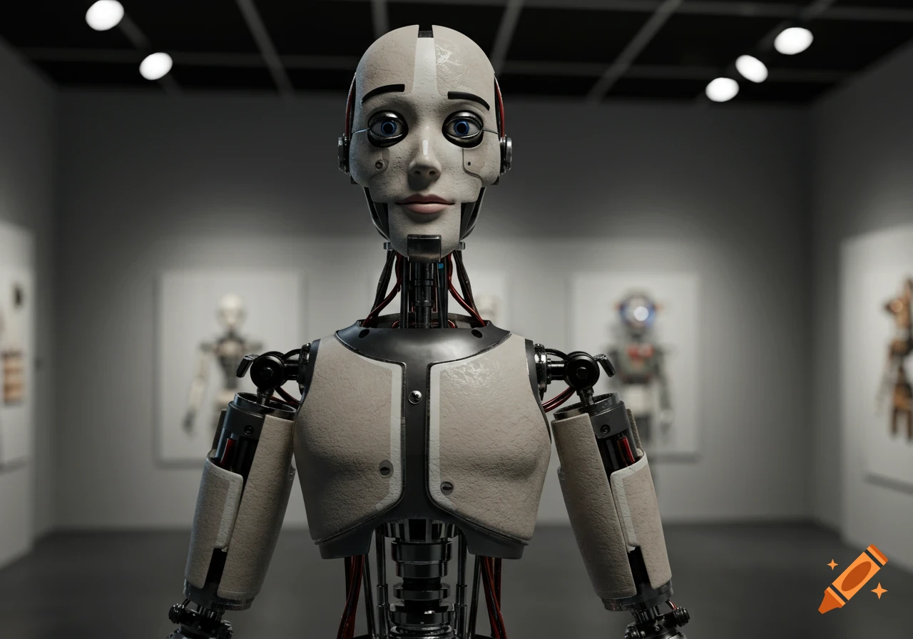 A lifelike humanoid robot with an expressionless face and exposed wiring stands centered in a museum gallery, with blurred robot figures in the background.