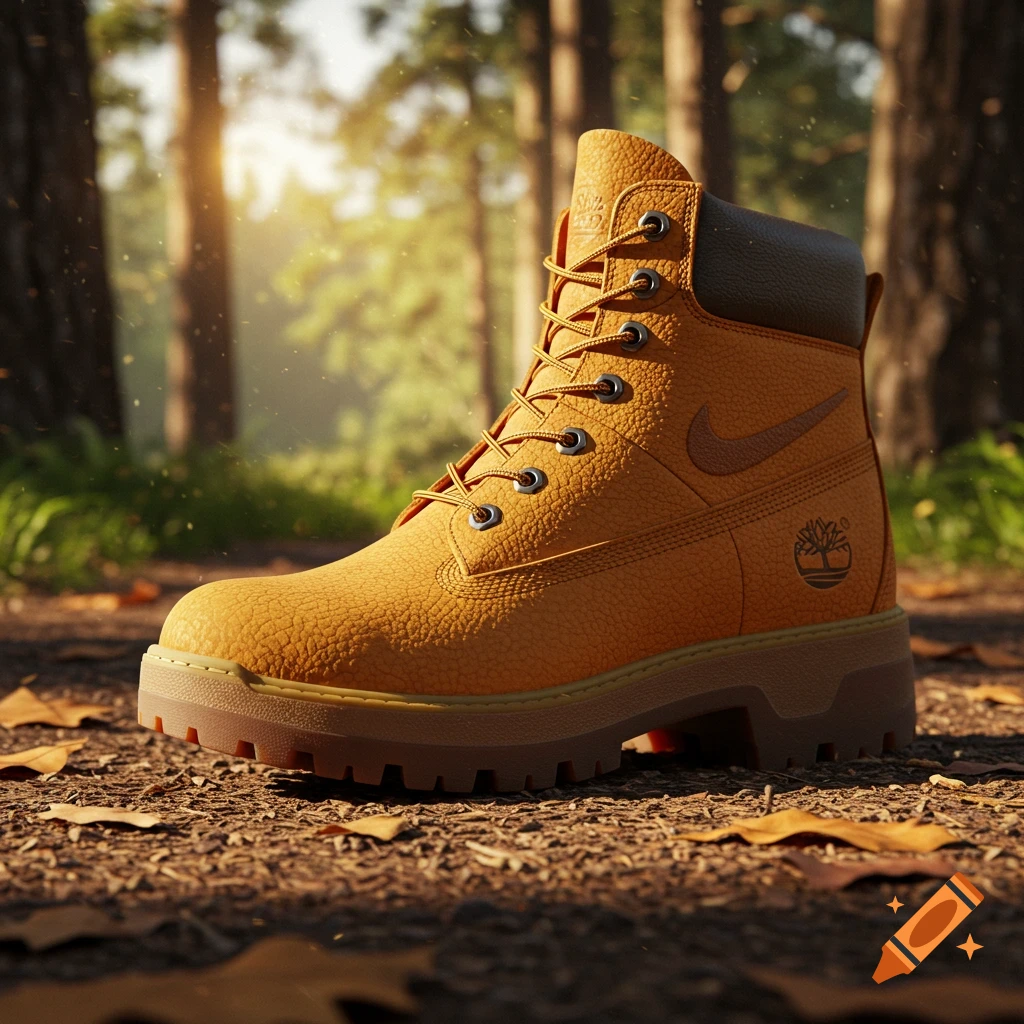 Photorealistic image of a merged Nike and Timberland boot on a forest floor with sunlight filtering through trees.