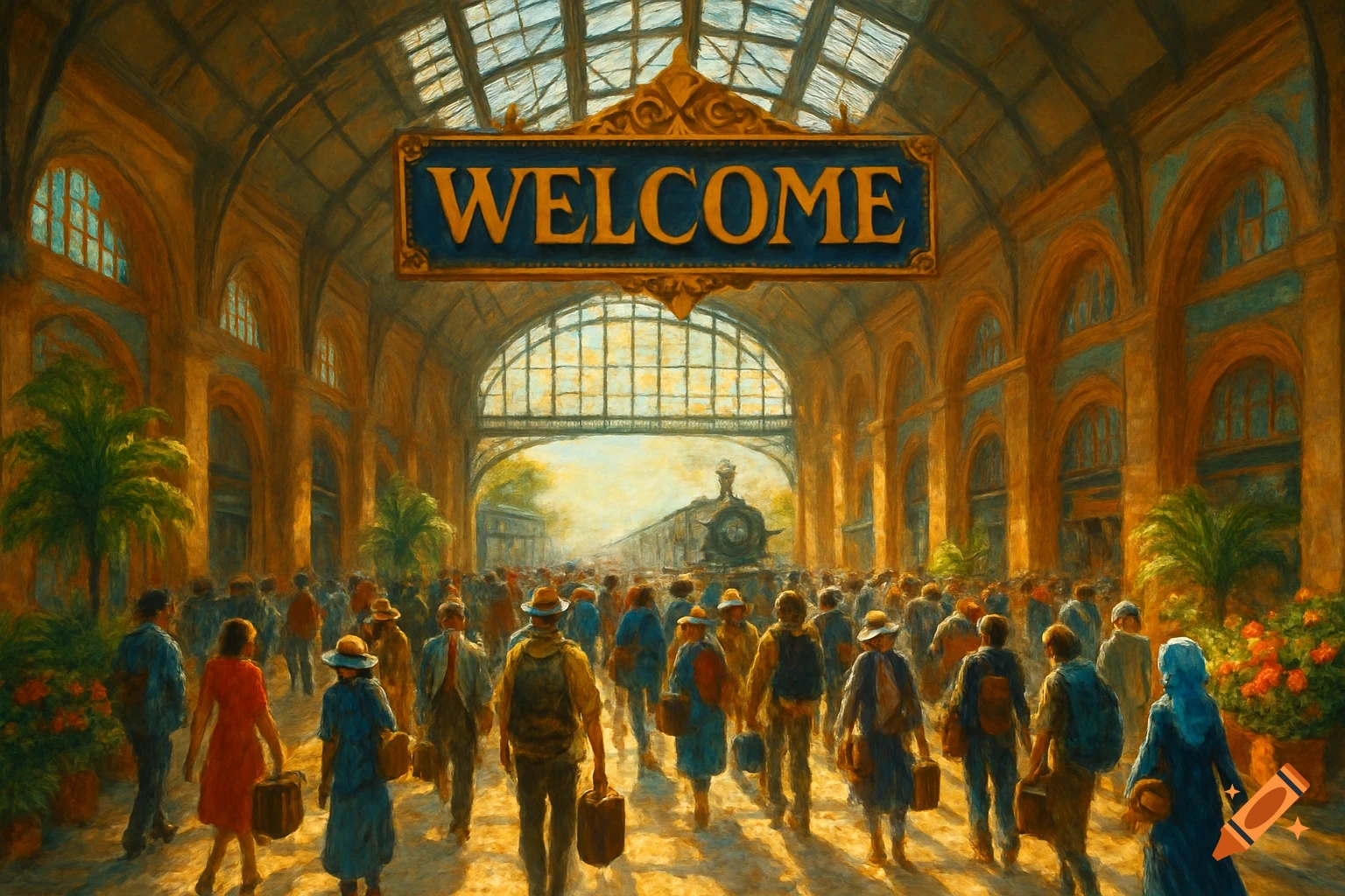 A painterly view of a busy train station with many people under a large archway, and a 'WELCOME' sign prominently displayed.