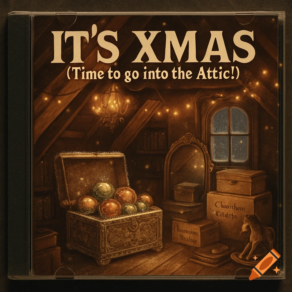 A vintage-style Christmas CD cover titled "IT'S XMAS (Time to go into the Attic!)" showing a dusty attic with fairy lights, an open treasure chest with ornaments, boxes, and a rocking horse.