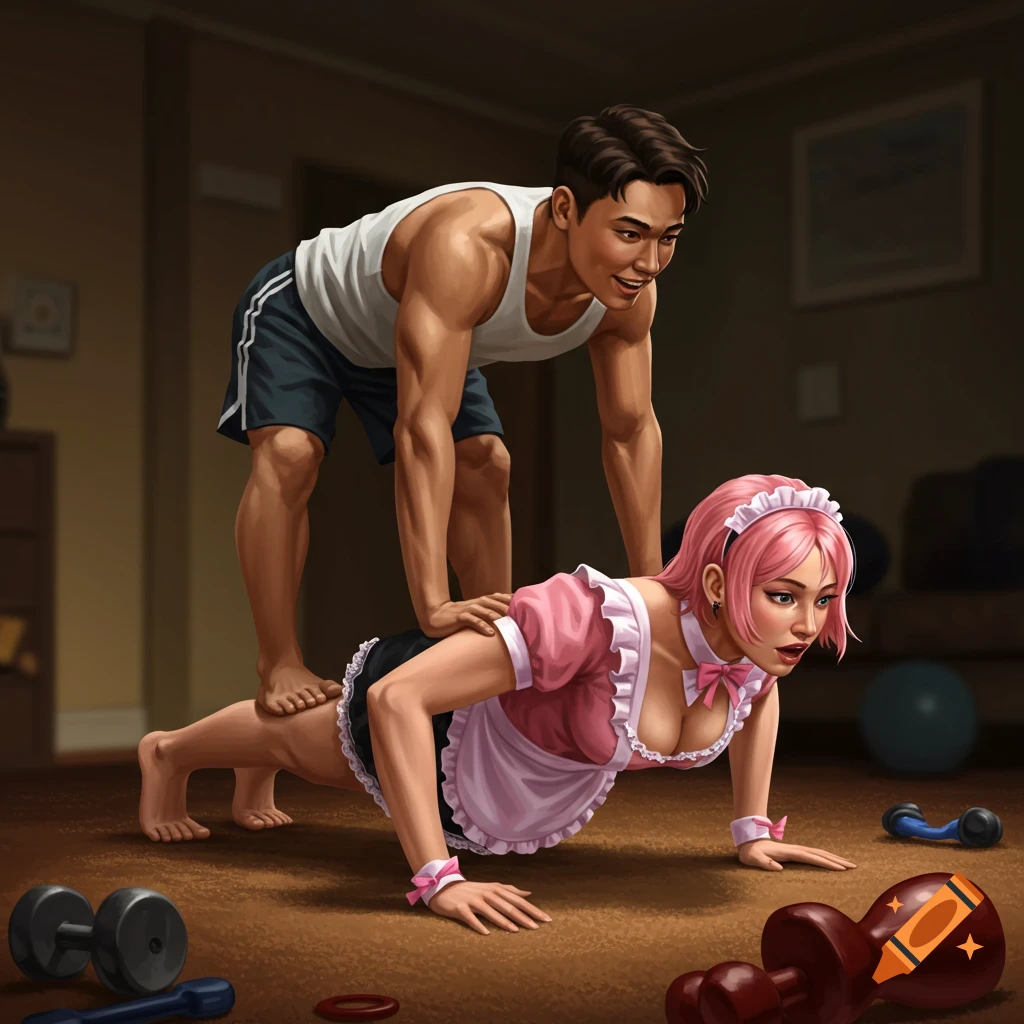 An illustrated image of a man standing on a woman's back while she does pushups in a pink maid outfit.
