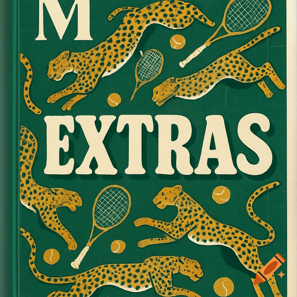 A green binder cover illustration with jaguars, tennis rackets, and tennis balls. The text 'M' and 'EXTRAS' is prominently displayed in white bubble letters.