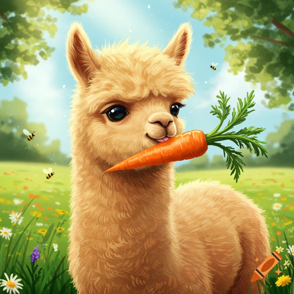 A cute fluffy alpaca holds a carrot in its mouth in a sunny, green field with wildflowers and trees.