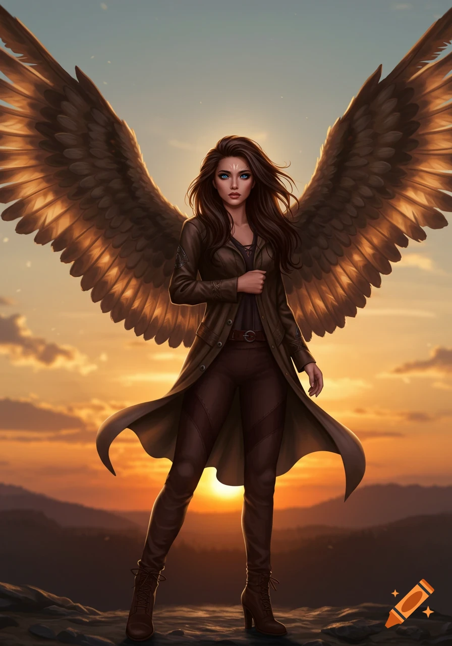 A winged woman with brown hair and blue eyes, wearing a brown jacket and leggings, stands on a mountain at sunset.