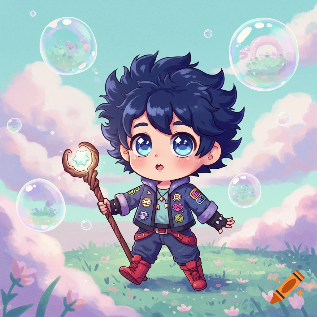 A cute chibi boy with dark blue hair and large blue eyes, holding a star-tipped staff, stands in a grassy field with pink clouds and bubbles floating around him.