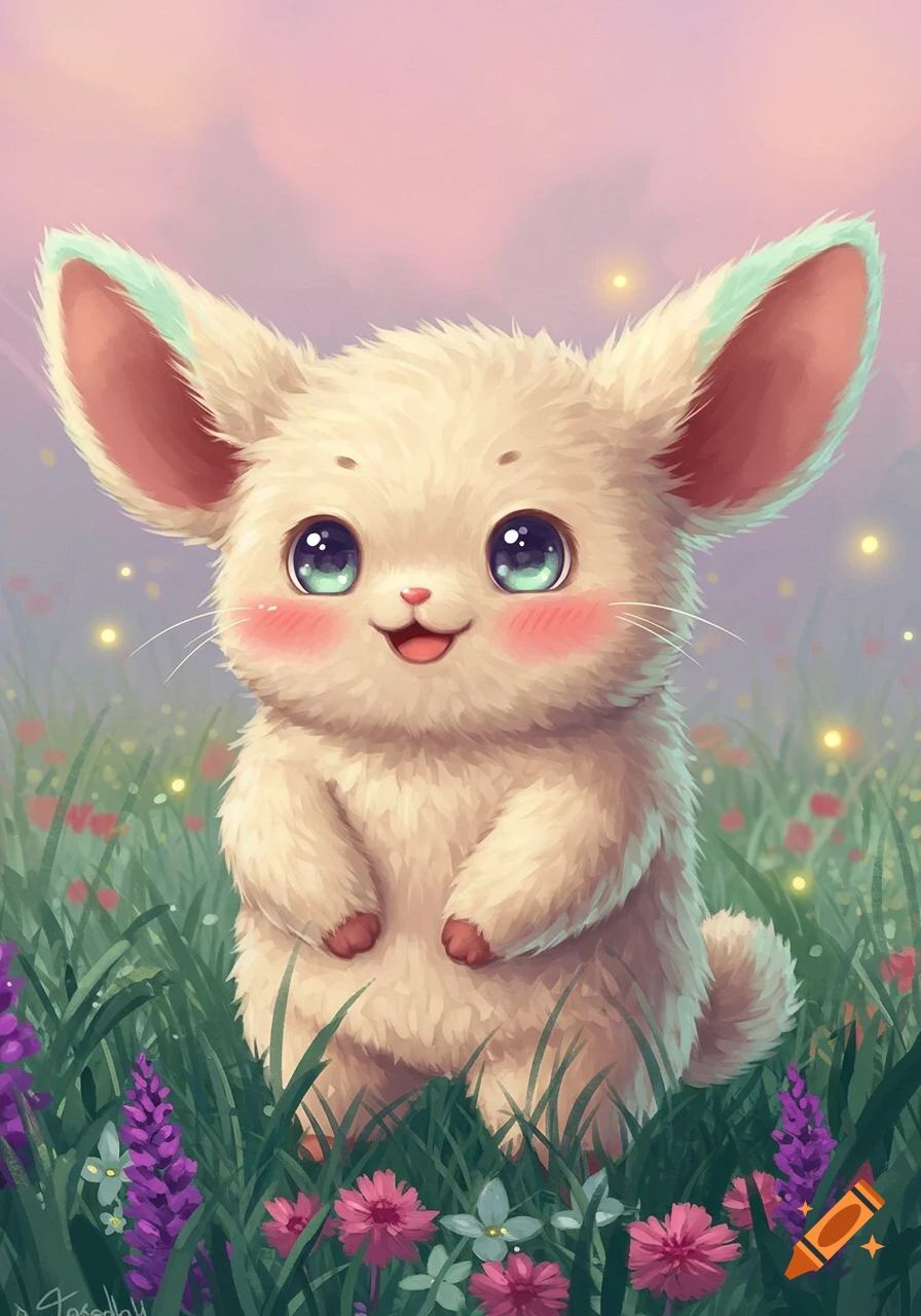 A fluffy, cream-colored creature with large ears and big blue eyes smiles in a field of colorful flowers with glowing lights in a dreamy art style.