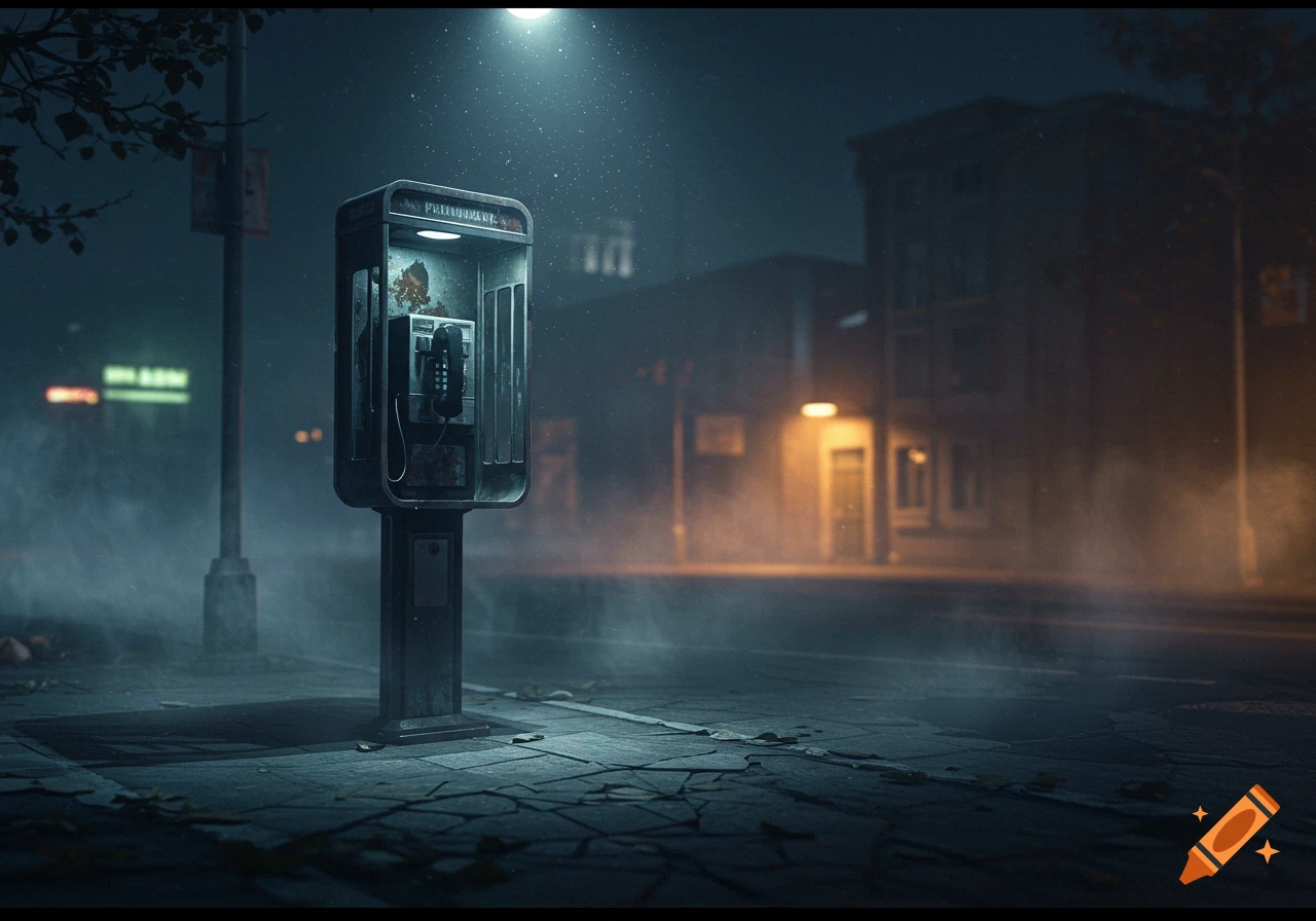 A photorealistic image of a vintage payphone on a dark, misty street at night, lit by a streetlamp.