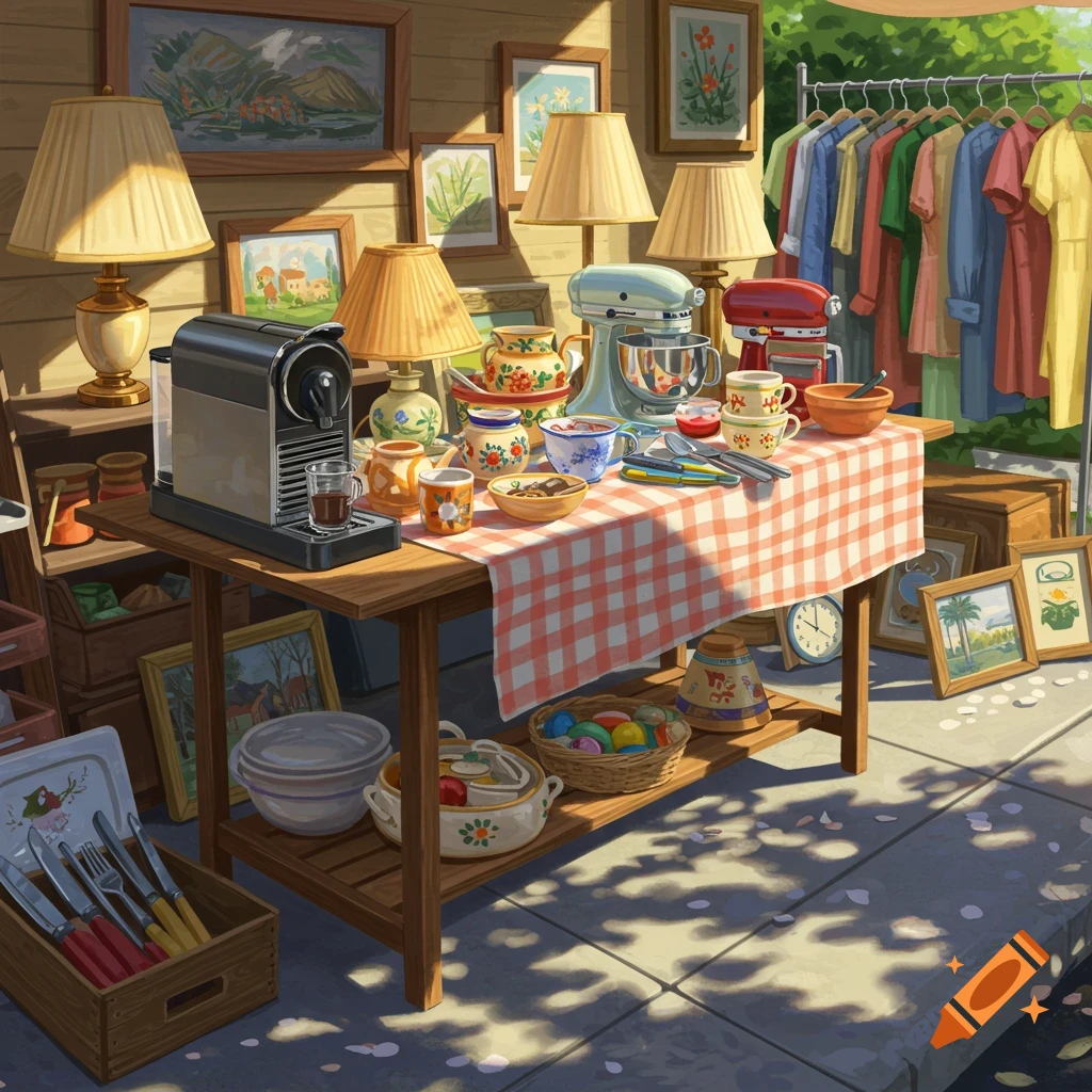 A vibrant illustration of a bustling garage sale, featuring tables laden with household items, lamps, kitchen appliances, pottery, and a clothing rack filled with garments, all under dappled sunlight.