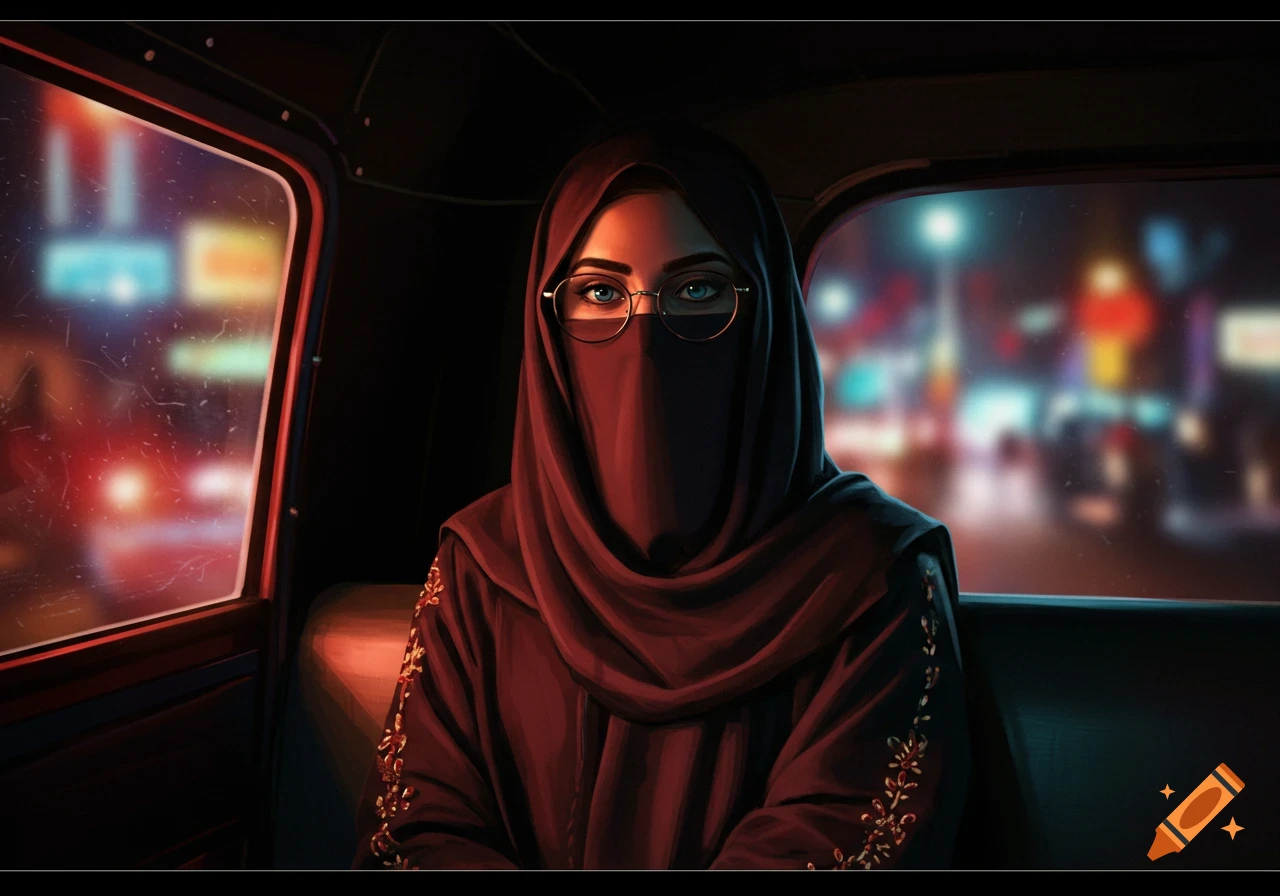 Digital art of a woman in a dark burqa and glasses sitting in a vehicle at night, with blurred city lights outside.