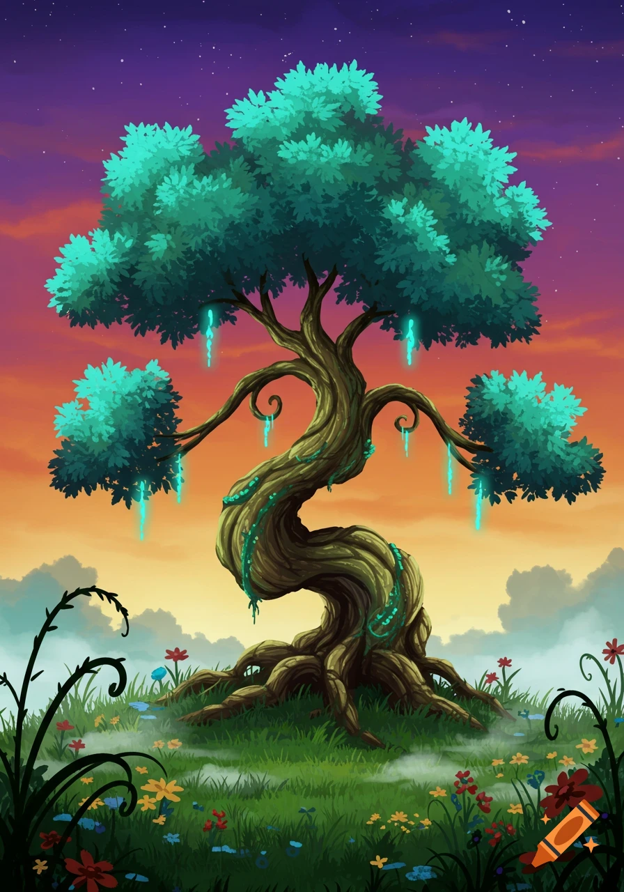 A vibrant illustration of a twisted, gnarled tree with glowing blue leaves and tendrils, in a field of flowers under a sunset sky.