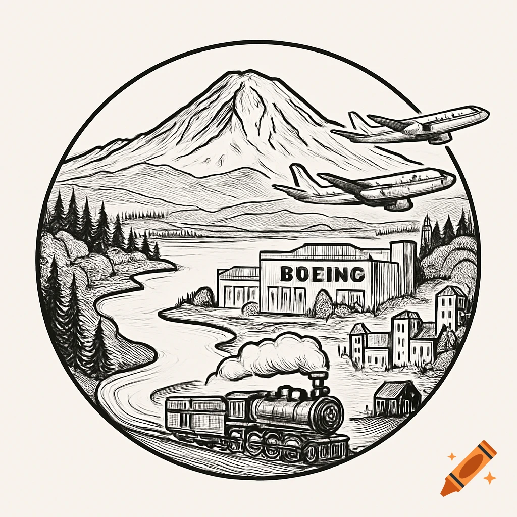 Black and white line drawing clip art logo of Mount Rainier, a river, lake, Boeing plant, planes, train, and cityscape.