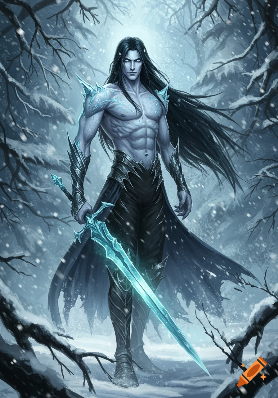 A tall, muscular male character with long black hair, pale skin, and an icy blue glowing sword stands in a snowy forest.
