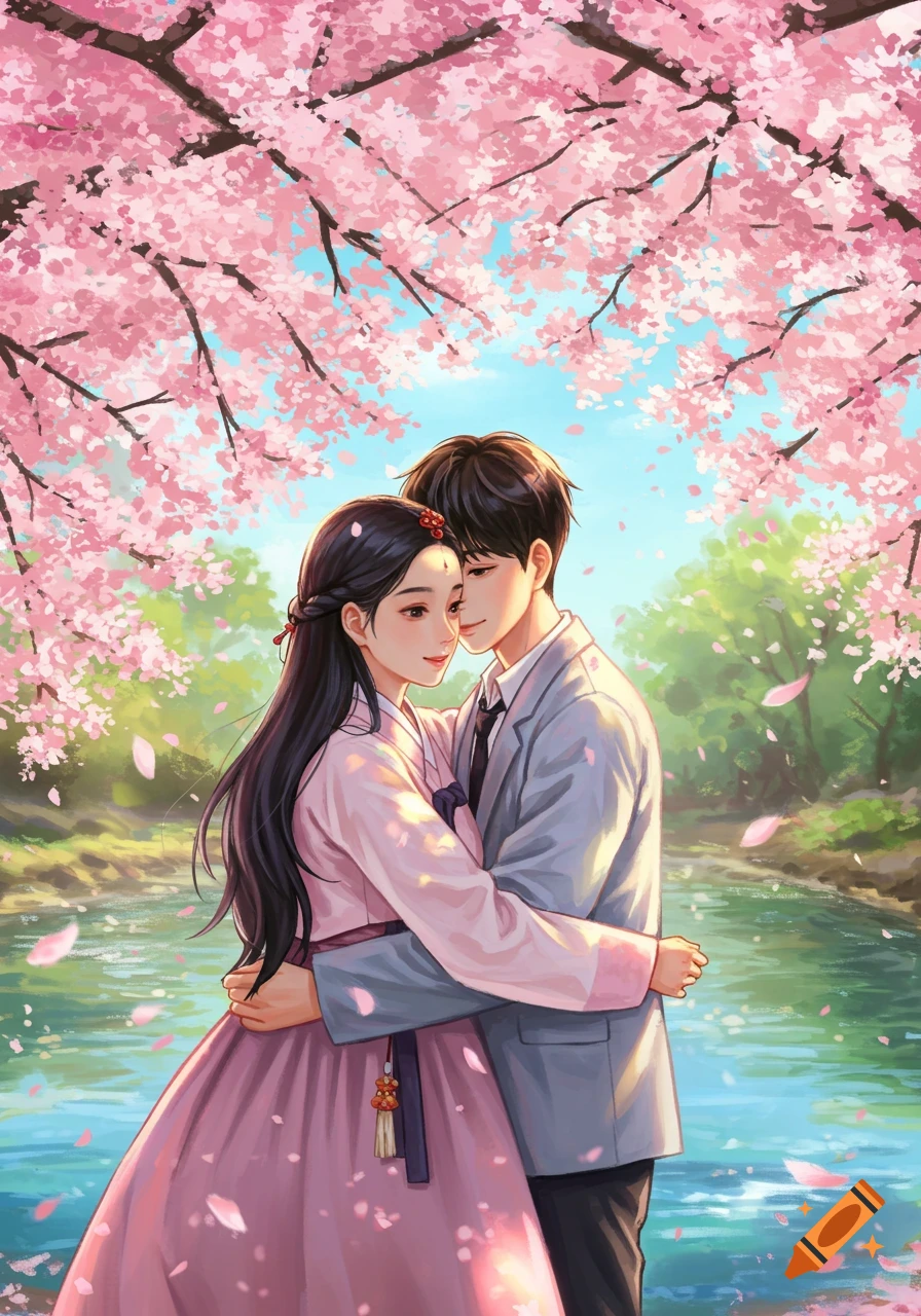 An illustration of a Korean couple embracing under blooming cherry blossom trees next to a river.