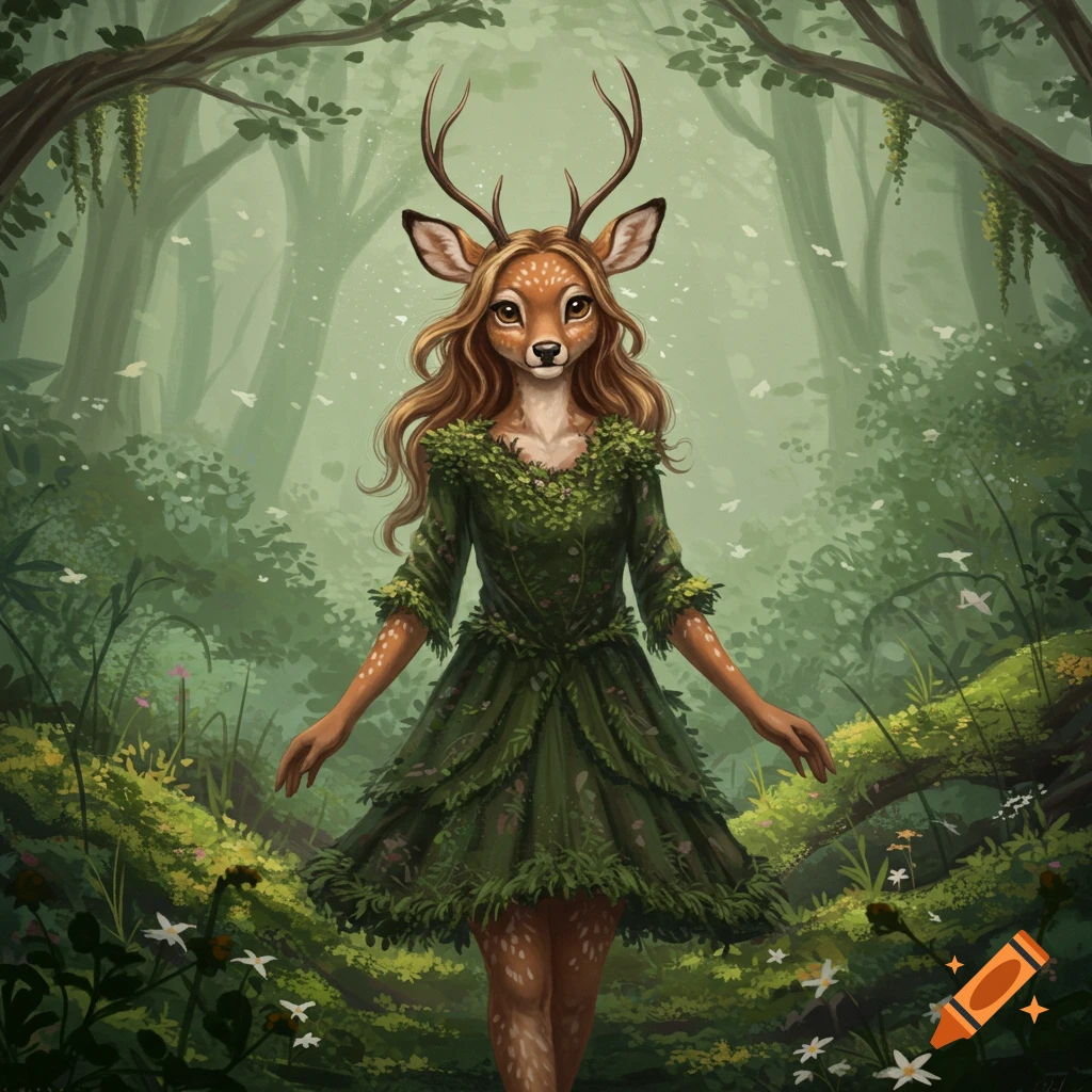 A mystical anthropomorphic deer girl with antlers and long hair wears a green leaf dress in an enchanted forest.