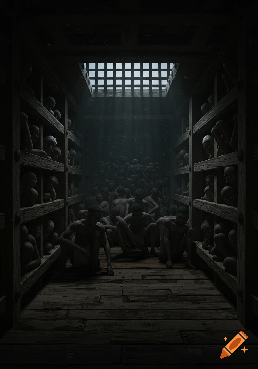A dimly lit, claustrophobic ship's hold filled with numerous shirtless individuals packed tightly on wooden shelves and the floor, light filtering from a grate above.