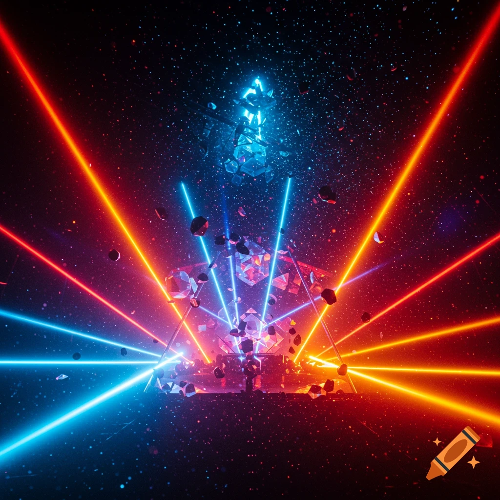 Vibrant abstract image with intersecting neon red and blue light beams emanating from a crystalline structure, surrounded by glowing particles in a dark cosmic space.