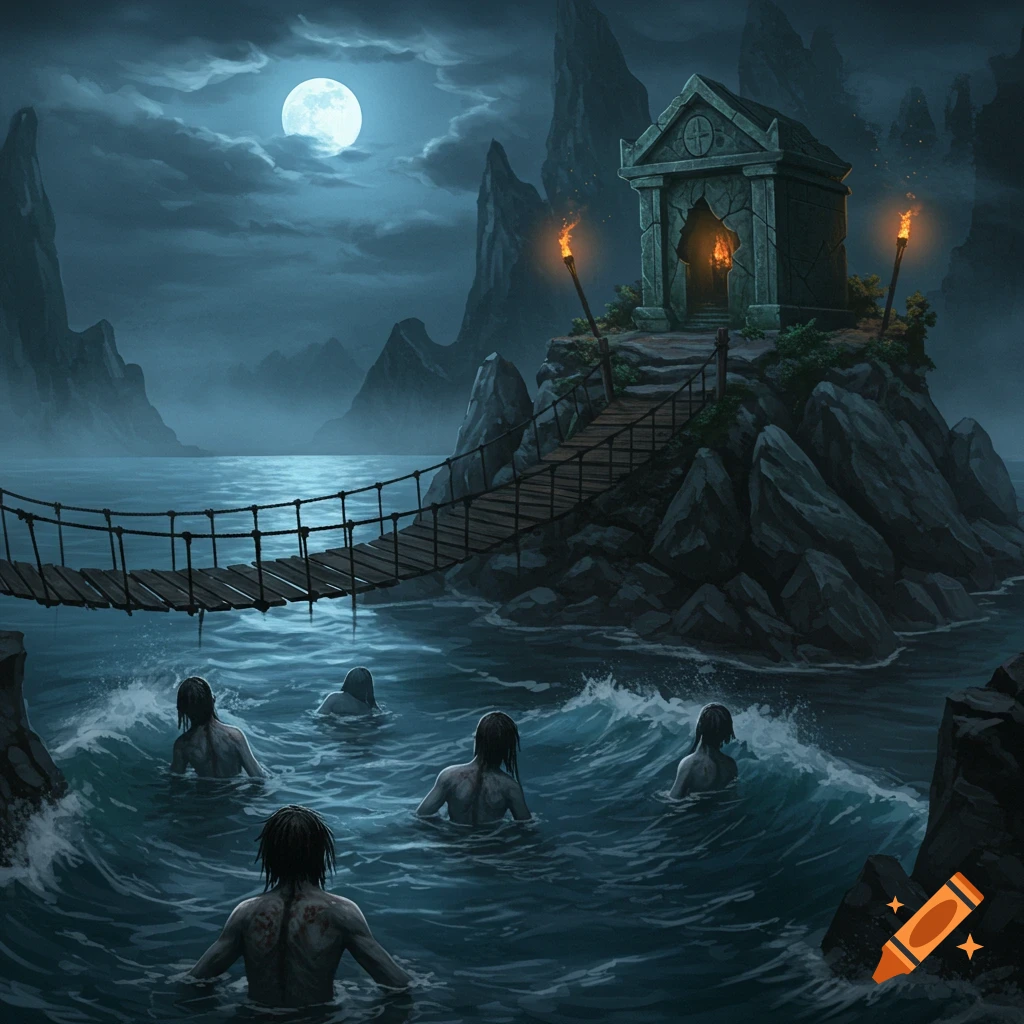 Digital painting of mermen swimming in dark waters under a full moon, with a rope bridge leading to a crypt on a rocky island.