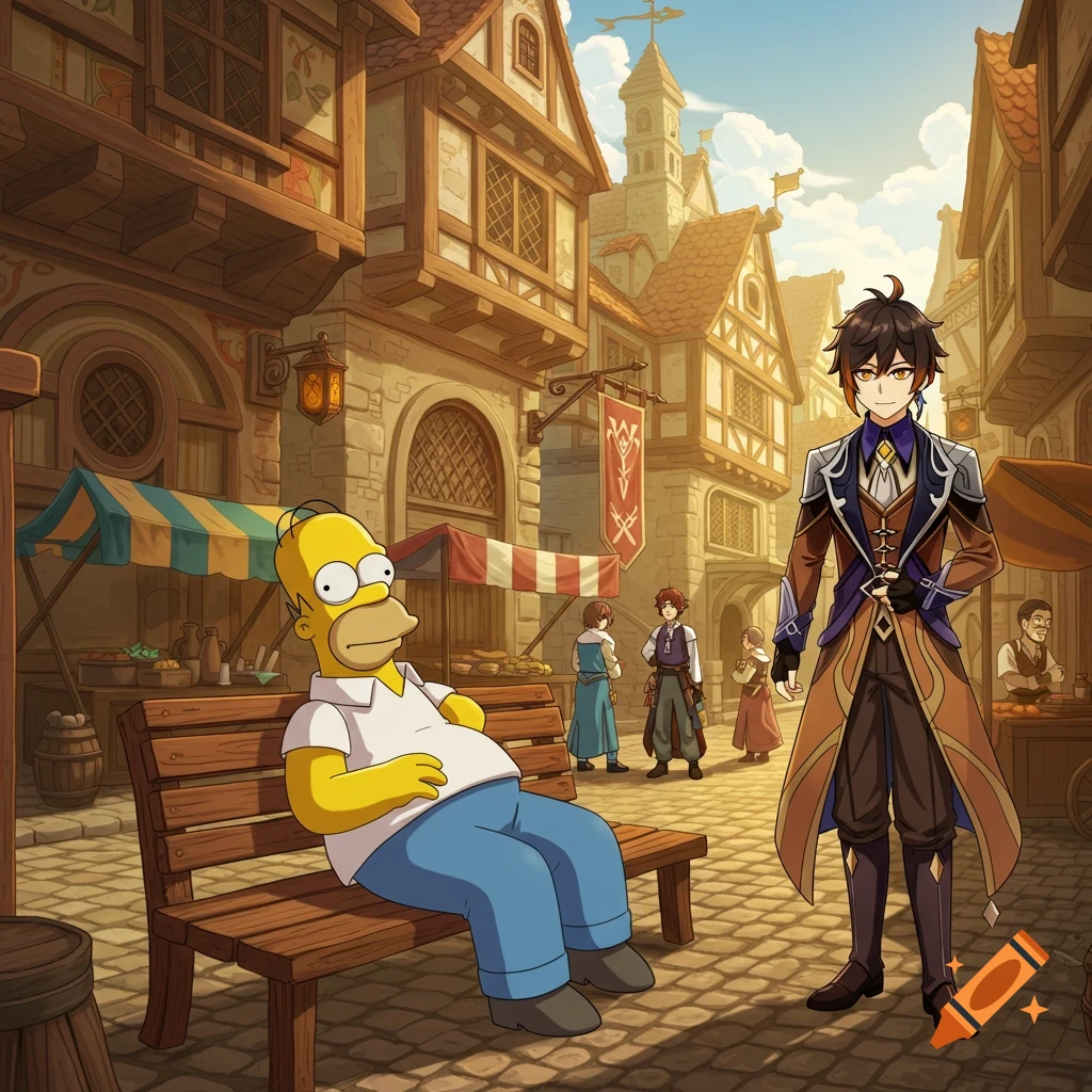 Homer Simpson sits on a bench in a medieval city street while Zhongli from Genshin Impact stands nearby.
