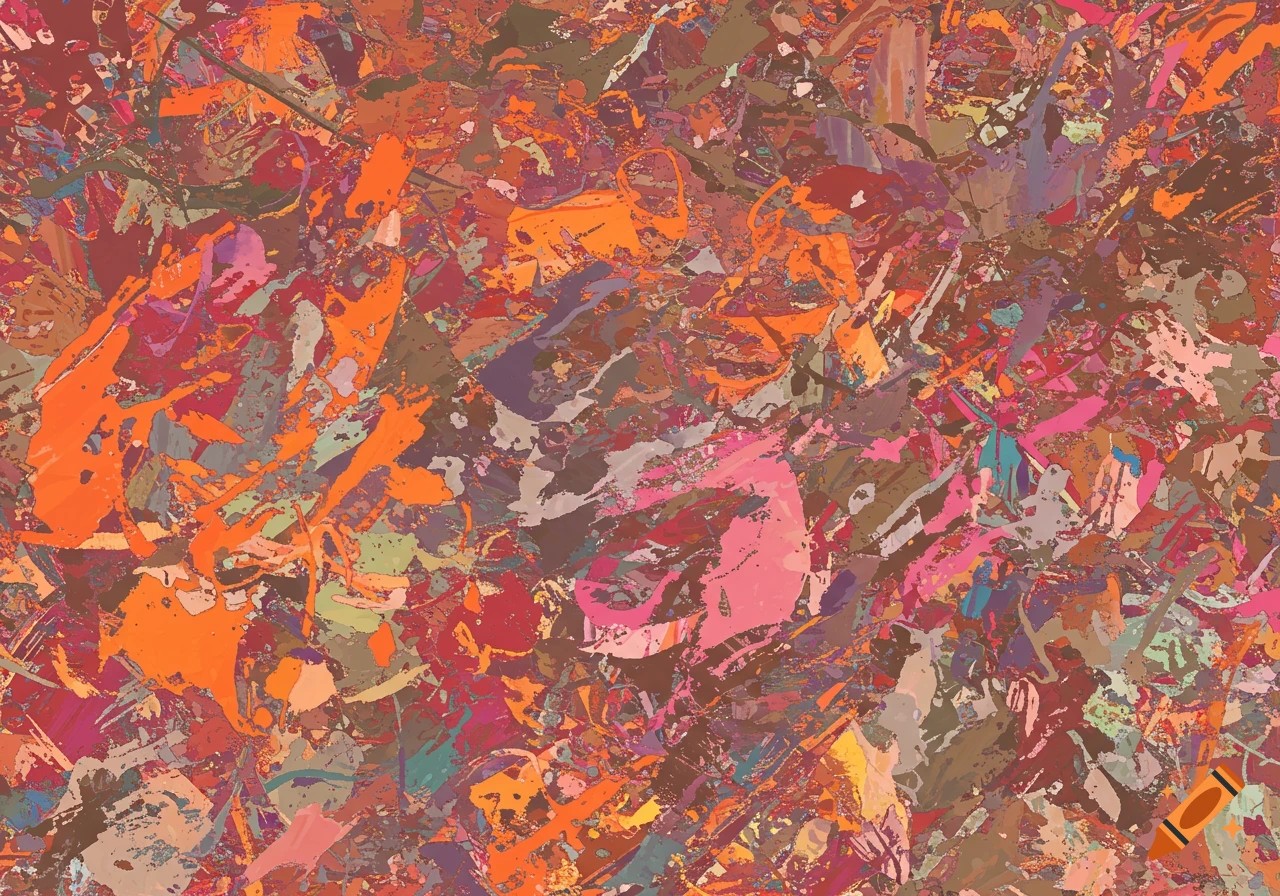 Abstract painting with a chaotic mix of orange, pink, brown, and red colors, resembling splatters and textures.