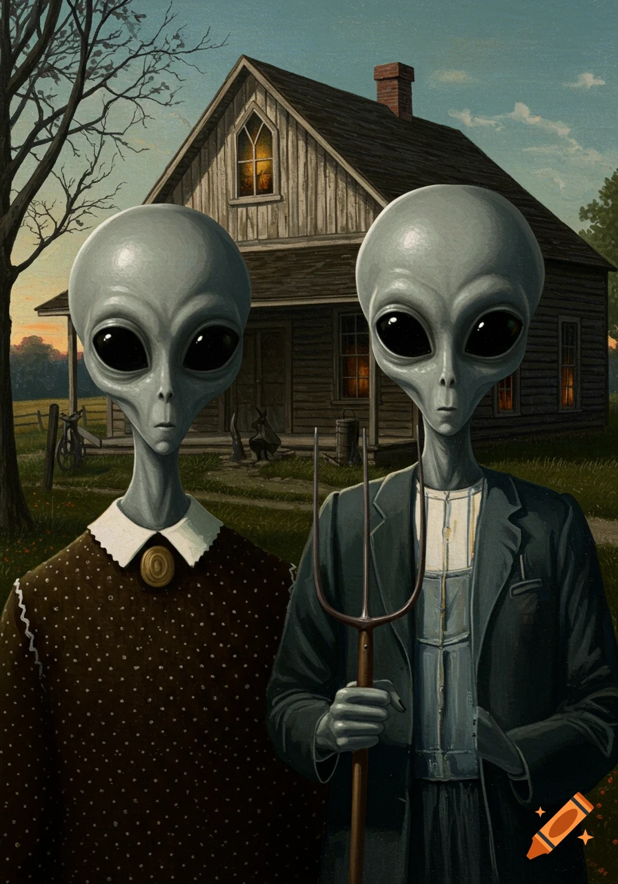 Two grey aliens stand in front of a rural house, one holding a pitchfork, in a parody of American Gothic painting.