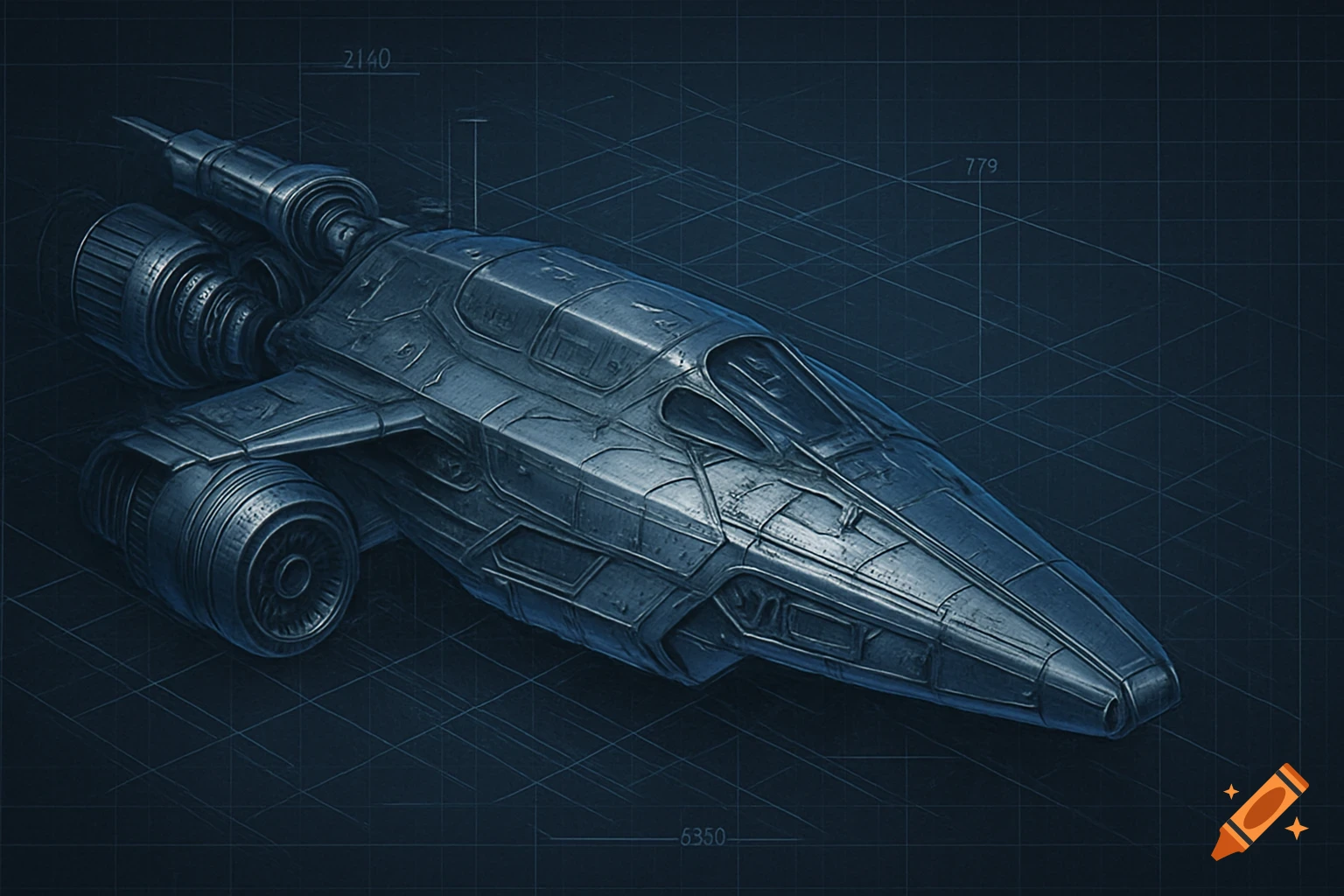 A detailed blueprint of a futuristic sci-fi spaceship with visible dimensions on a dark blue background.