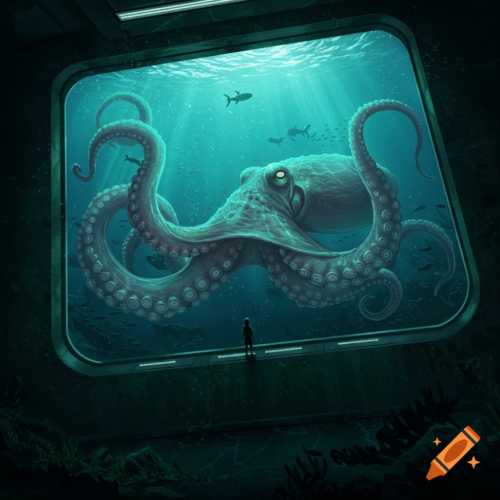 A person stands at a large window in an underwater observatory, observing a massive octopus with glowing eyes in the deep blue ocean.
