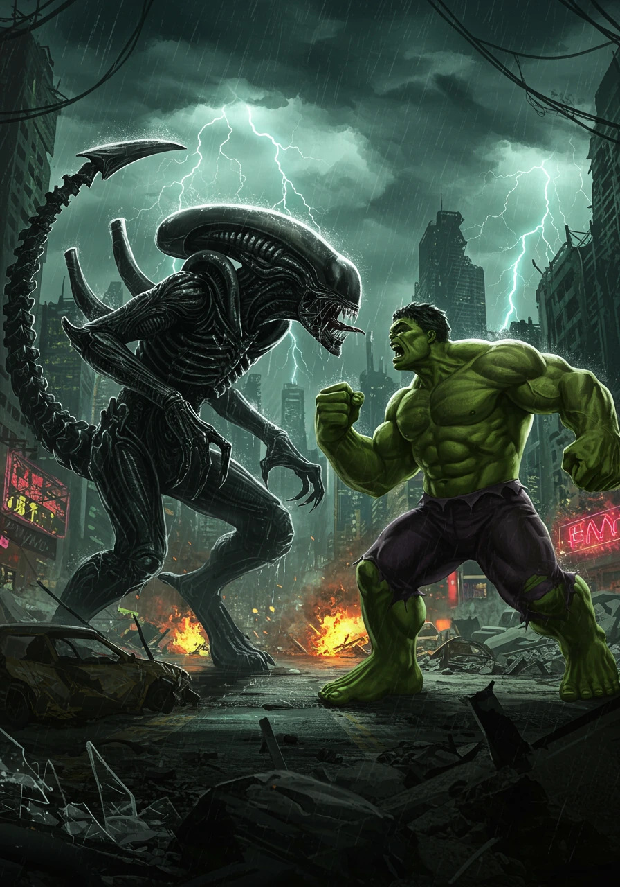 The Hulk and a Xenomorph face off in a destroyed city under a stormy, lightning-filled sky in a dramatic comic art style.