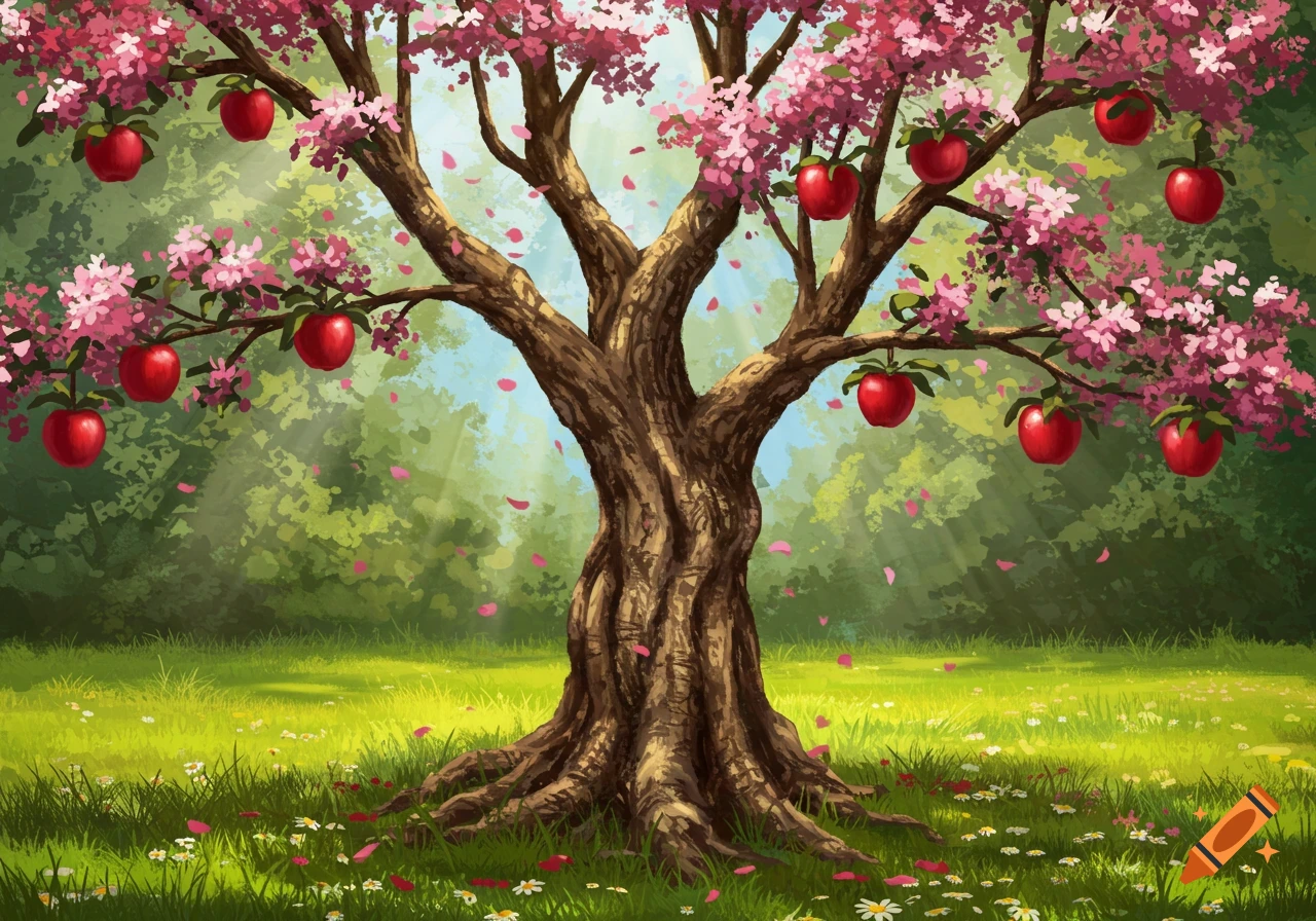 A vibrant illustration of an apple tree with pink blossoms and red apples in a sunny woodland clearing with green grass and falling petals.