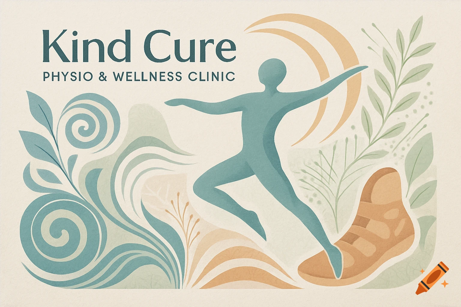 Stylized logo for Kind Cure Physio & Wellness Clinic with a teal human figure, organic shapes, and text.