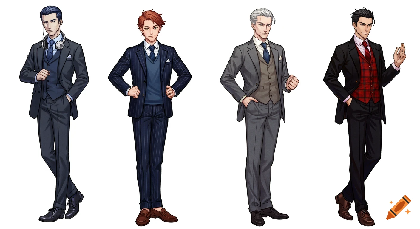 Four anime-style men in various tailored suits and formal wear against a white background.