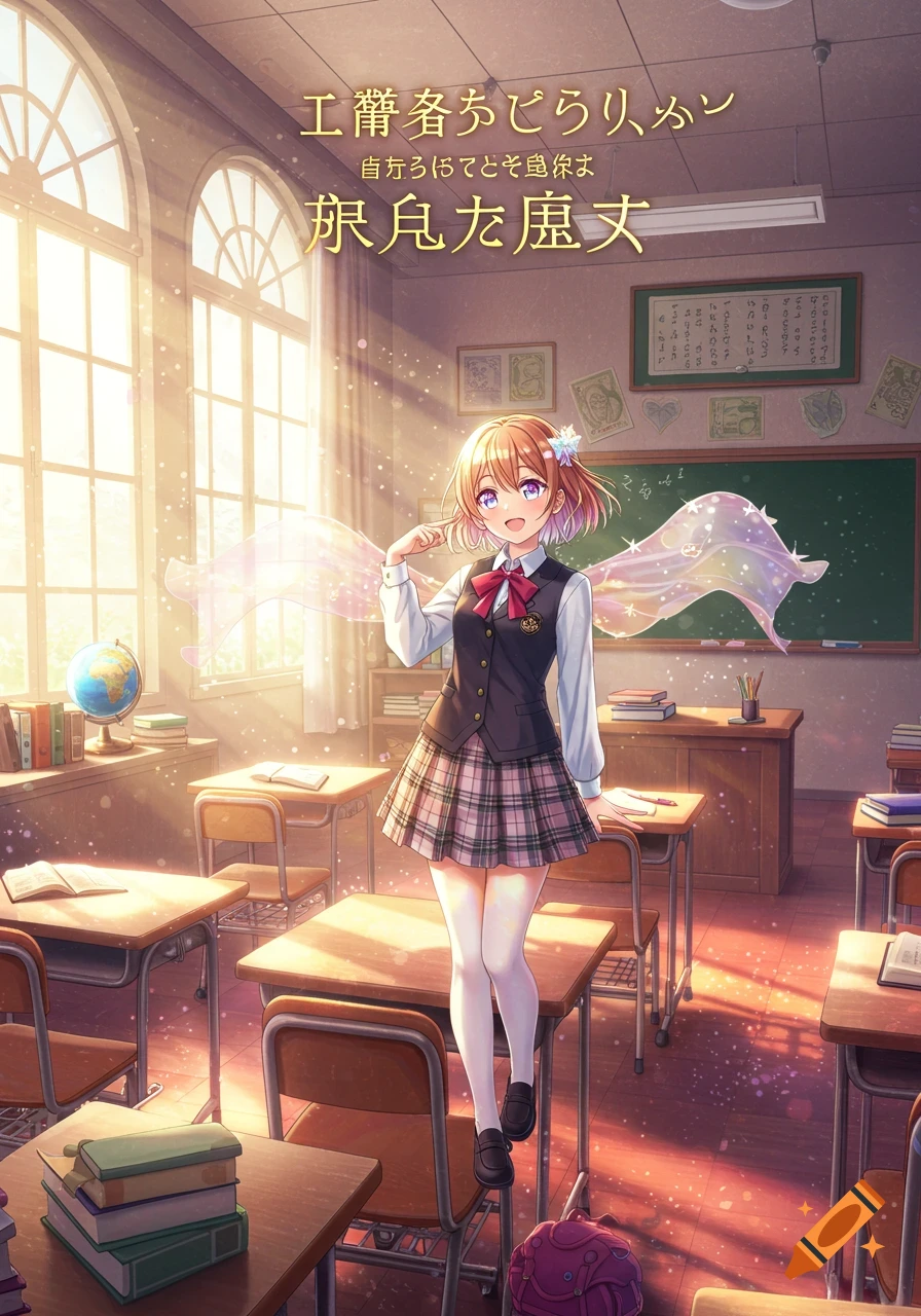 An anime schoolgirl with shimmering, translucent wings stands in a sunny classroom, surrounded by floating sparkles.