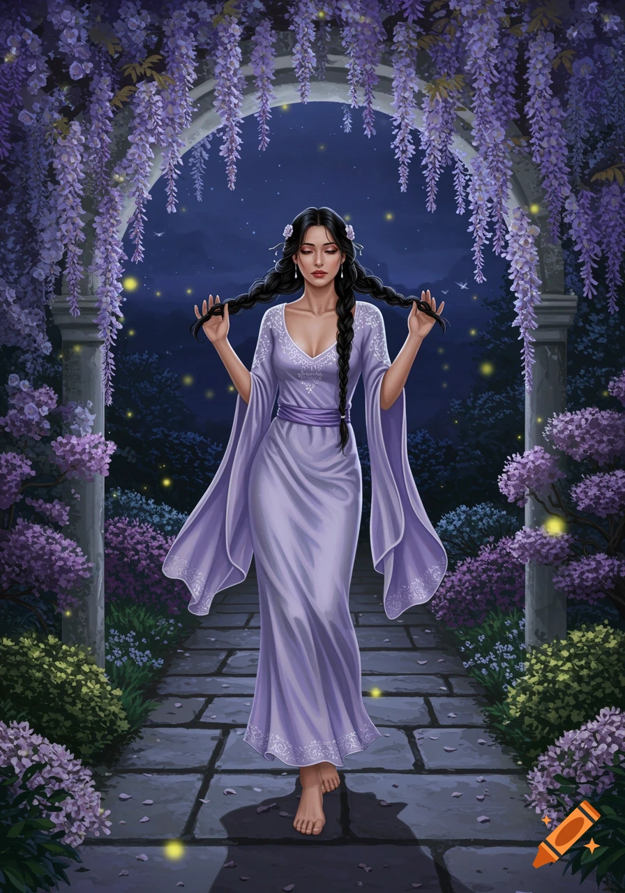 A woman in a purple dress stands barefoot on a stone path under a wisteria arch at night, holding her braids.