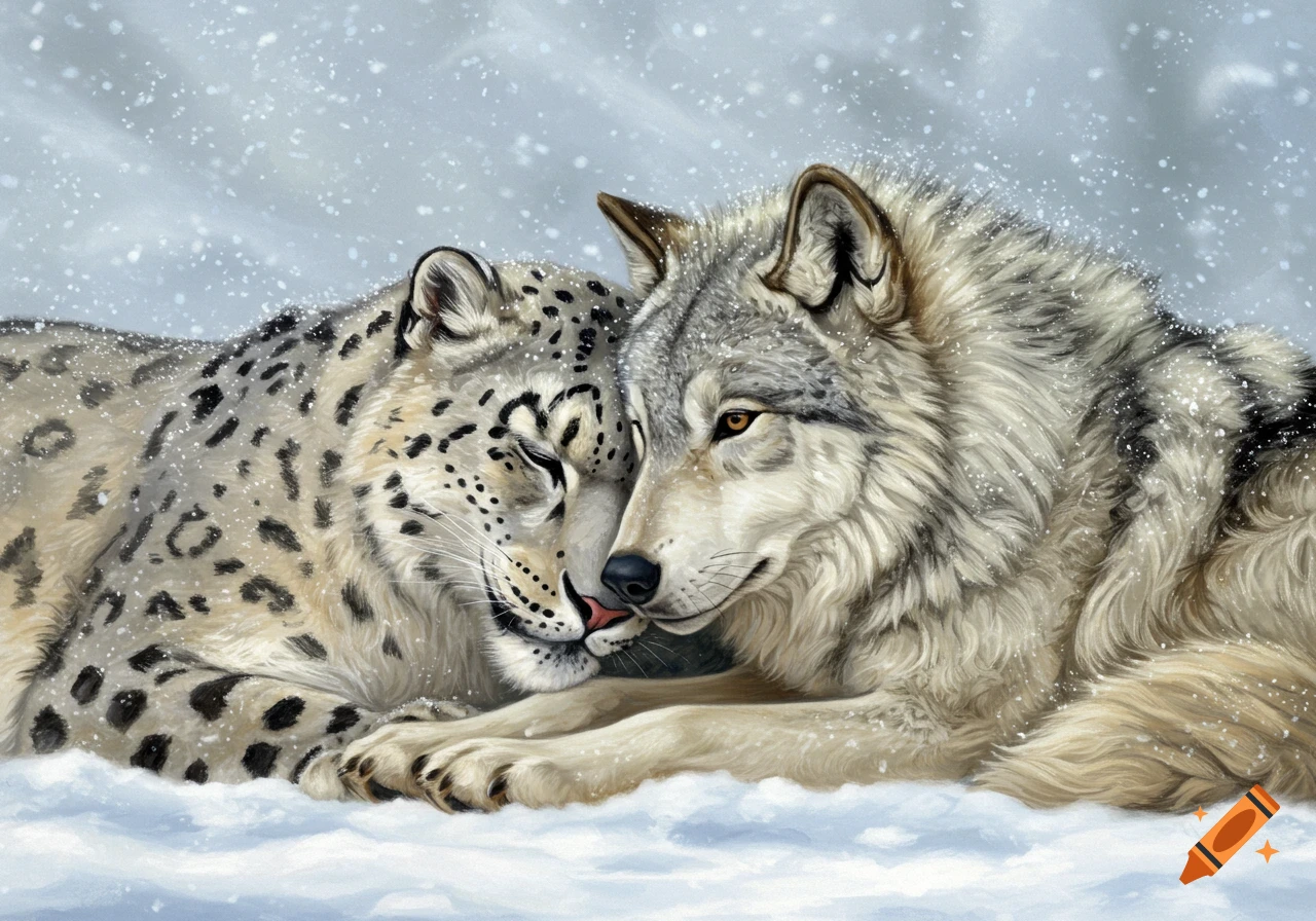 A gray wolf and a snow leopard cuddle closely in a snowy landscape with falling snowflakes, in an illustrative style.