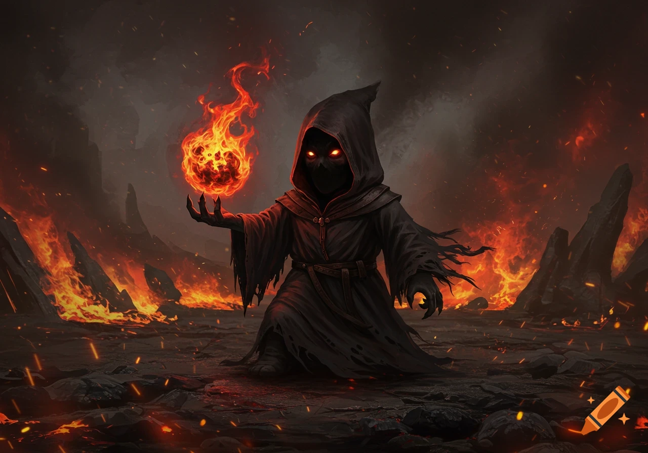 A dark hooded figure with glowing red eyes kneels in a fiery, desolate landscape, holding a fiery orb in its hand.