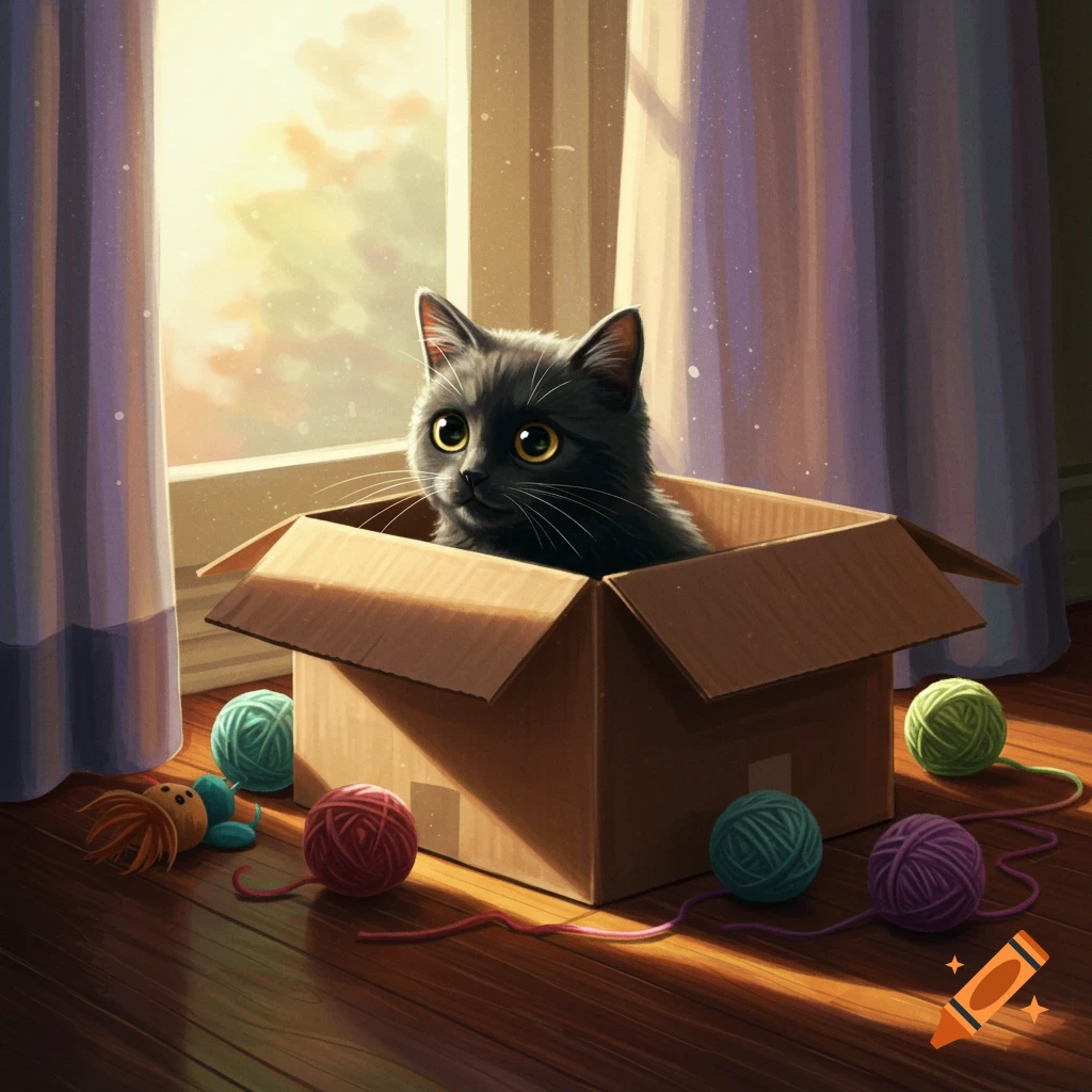 A cute black cat with wide yellow eyes sits in a cardboard box surrounded by colorful yarn balls on a sunlit wooden floor.