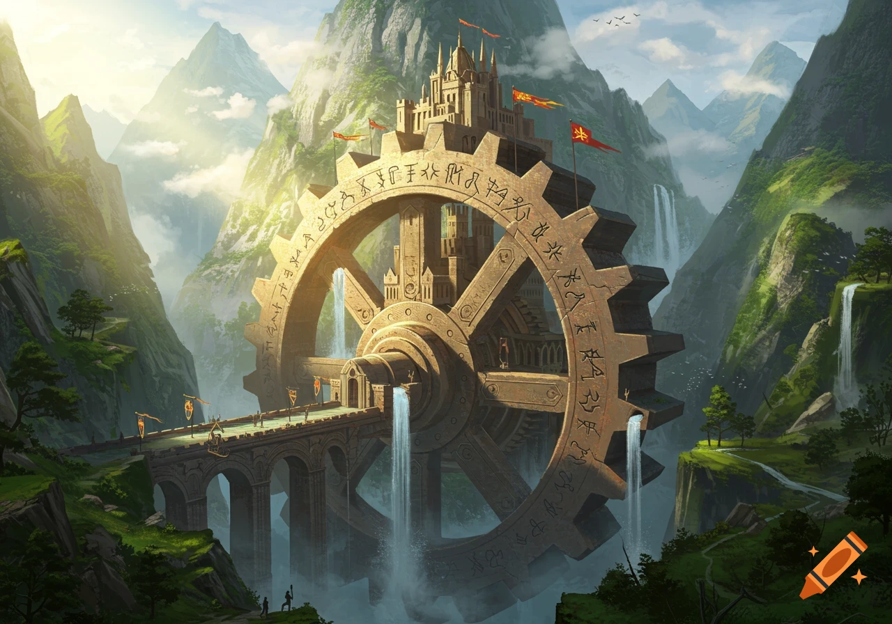 A massive ancient gear structure with a castle built into its center, surrounded by lush green mountains and waterfalls under a bright sky.