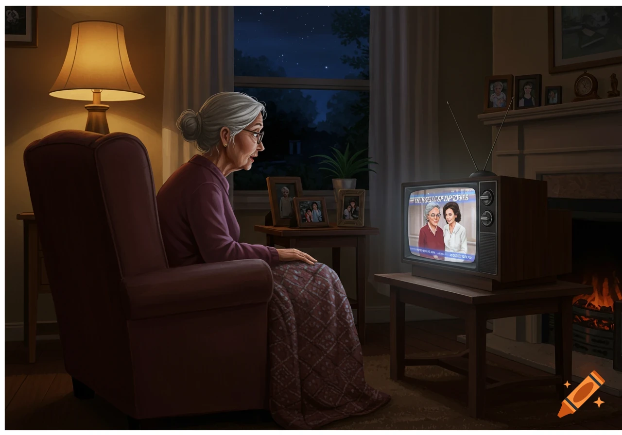 An elderly woman sits in an armchair, wrapped in a blanket, watching an old television set in a dimly lit living room at night.