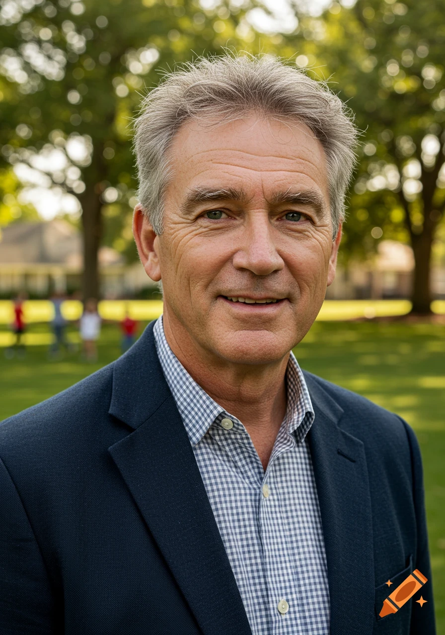 A photorealistic portrait of a smiling middle-aged man in a blue suit jacket and checkered shirt, standing in a grassy park.