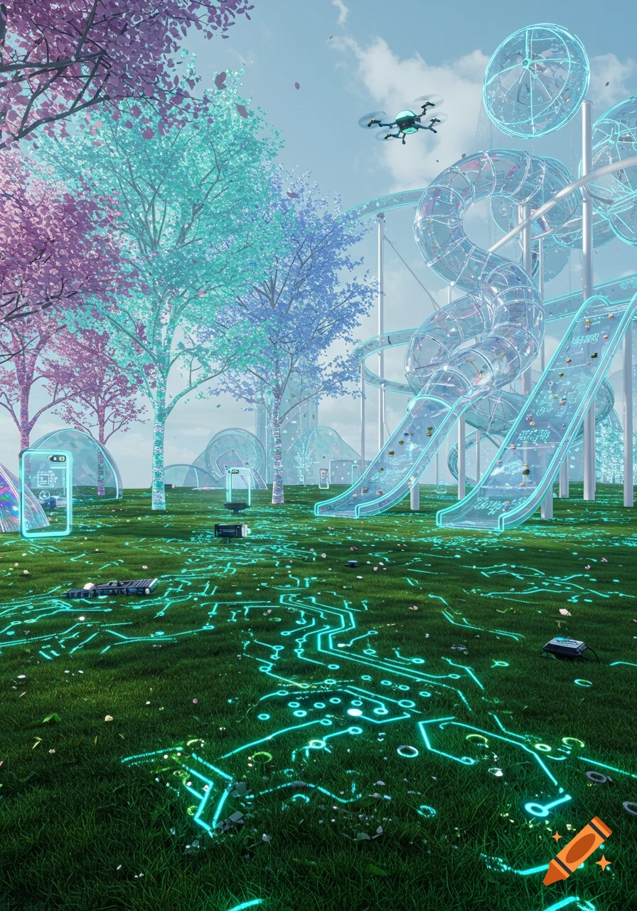 A vibrant, surreal landscape features trees with colorful leaves, clear winding slides, a drone in the sky, and glowing circuit patterns on the grass.