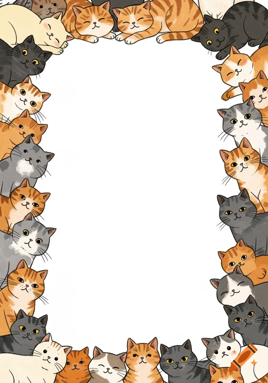 A white background framed by a border of many cute cartoon cats in various colors and poses.