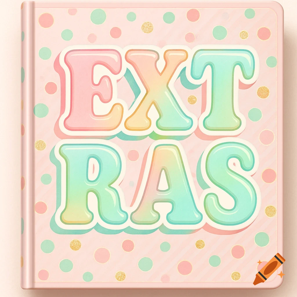 A pastel pink binder cover with multi-colored bubble letters spelling 'EXTRAS' surrounded by polka dots.