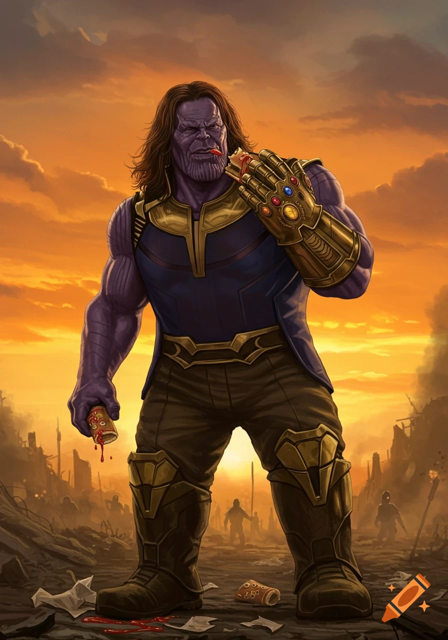 A long-haired Thanos with an Infinity Gauntlet eats a hot dog on a war-torn battlefield under an orange sky, in a comic book art style.