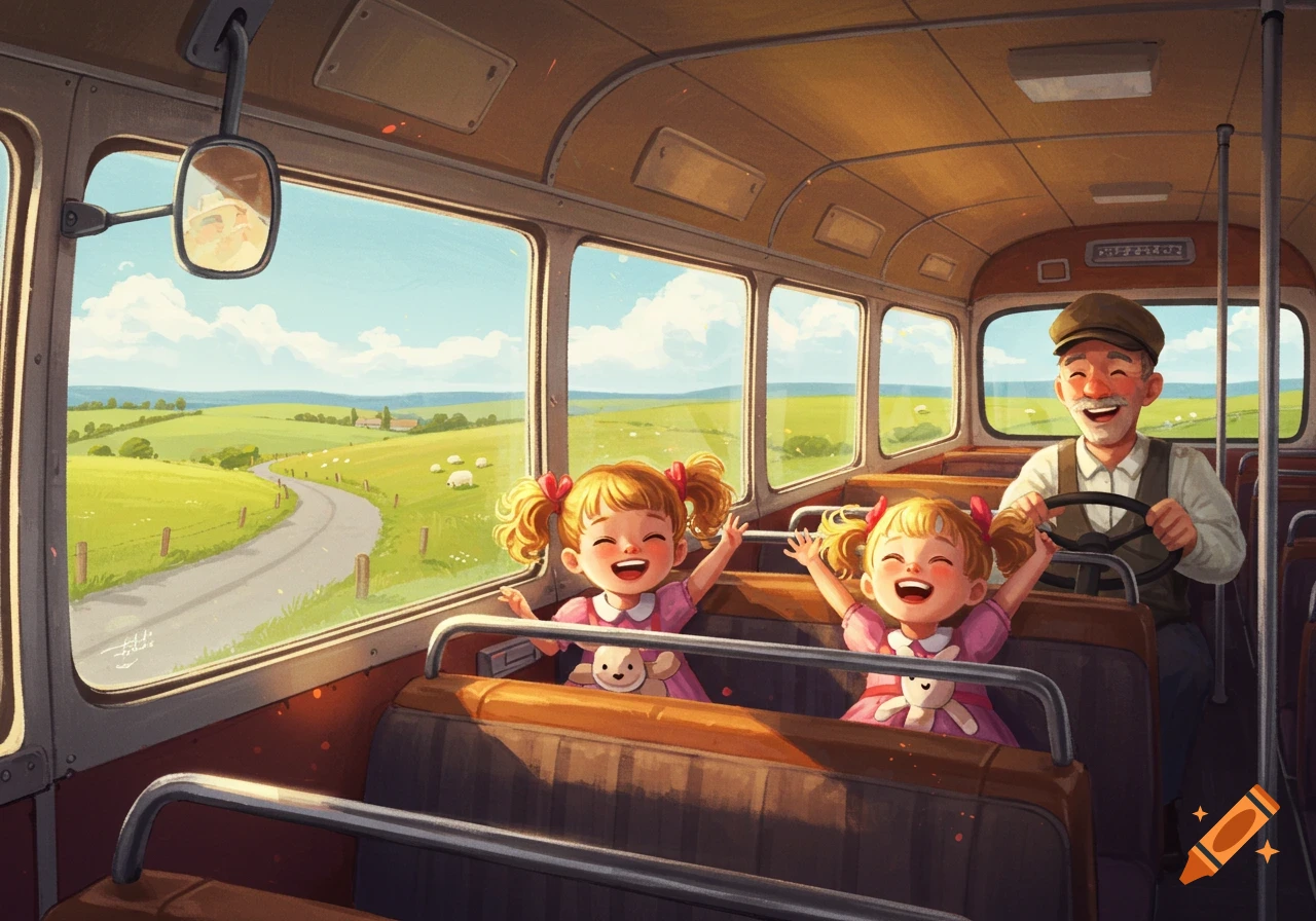 Two happy girls and an old man in a bus driving through a sunny, green countryside with sheep, in an illustrated style.